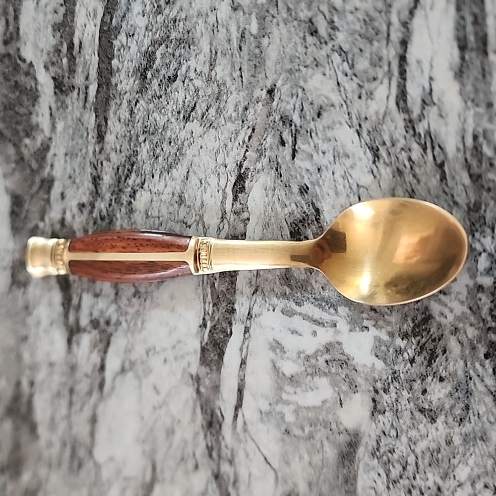 Bronze and Teak Wood 4.75” Demitasse Spoons Marked Thailand MCM, set Of Six